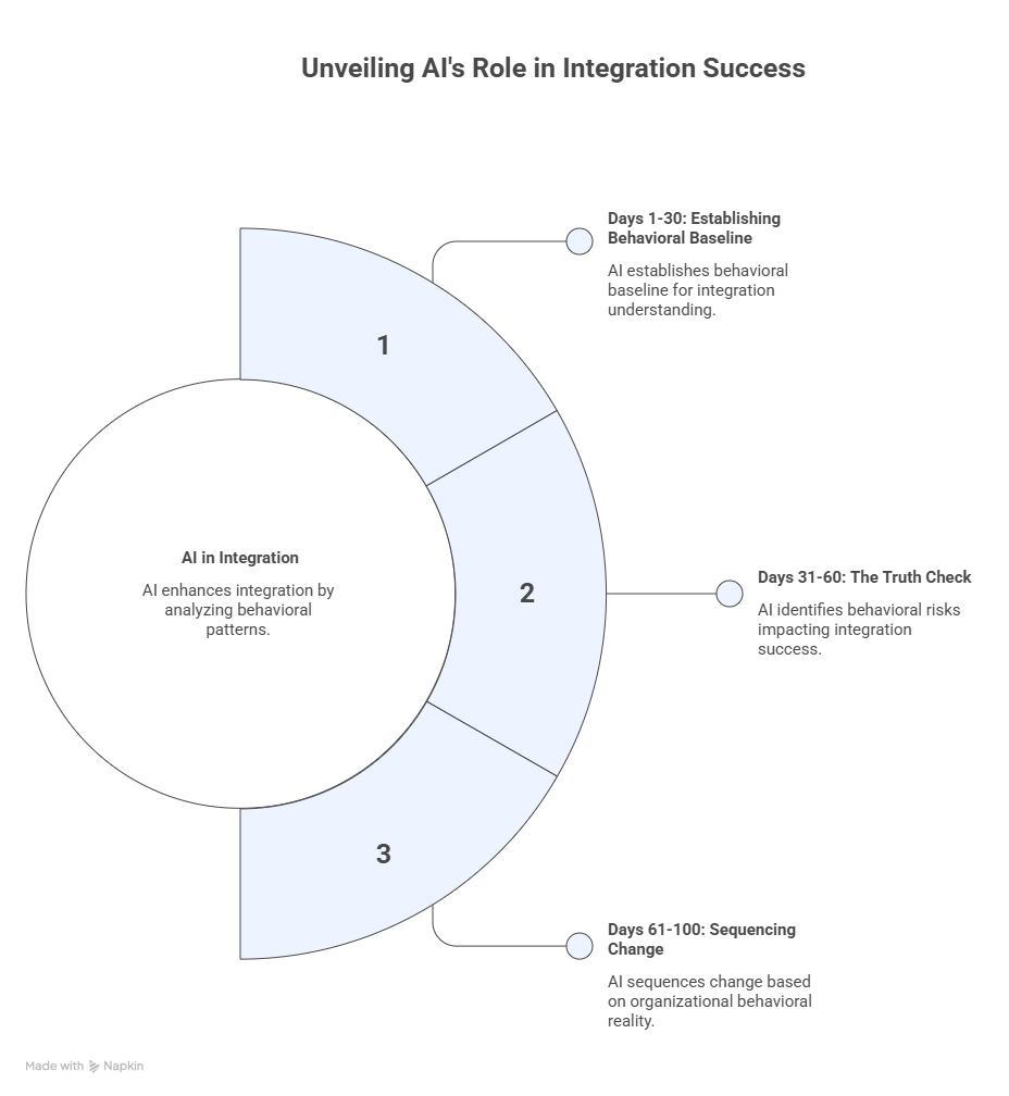 Diagram showing AI's role across the first 100 days of integration: Days 1-30 establishing behavioral baseline, Days 31-60 the truth check, Days 61-100 sequencing change